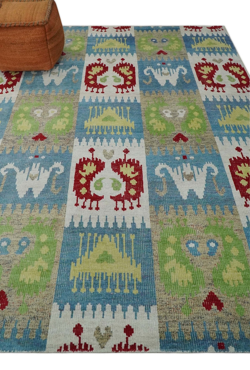 8x10 Hand Knotted White, Blue and Rust Modern Tribal Style Contemporary Recycled Silk Area Rug | OP45