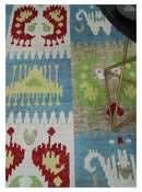 8x10 Hand Knotted White, Blue and Rust Modern Tribal Style Contemporary Recycled Silk Area Rug | OP45