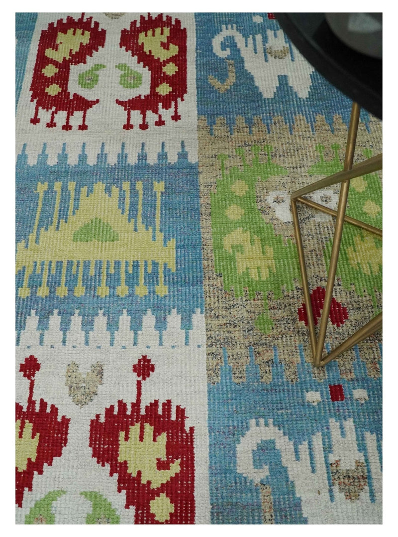 8x10 Hand Knotted White, Blue and Rust Modern Tribal Style Contemporary Recycled Silk Area Rug | OP45