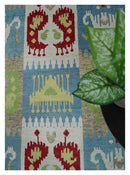 8x10 Hand Knotted White, Blue and Rust Modern Tribal Style Contemporary Recycled Silk Area Rug | OP45