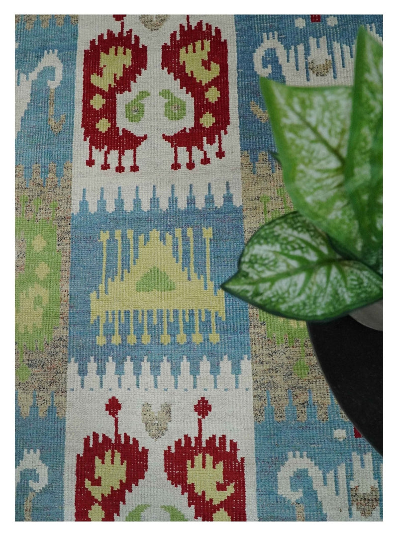 8x10 Hand Knotted White, Blue and Rust Modern Tribal Style Contemporary Recycled Silk Area Rug | OP45