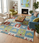 Recycled Silk Area Rug 8x10 - White Blue Rust Hand Knotted Modern Tribal