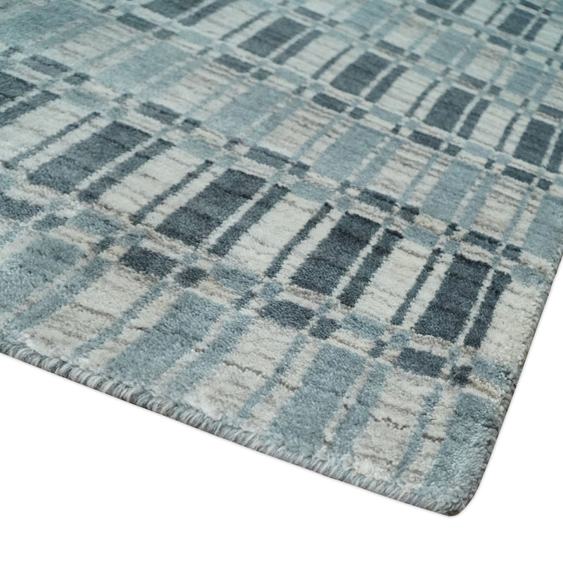8x10 Hand Made Checkered Beige, Blue and Charcoal Scandinavian Blended Wool Flatwoven Area Rug | KE30
