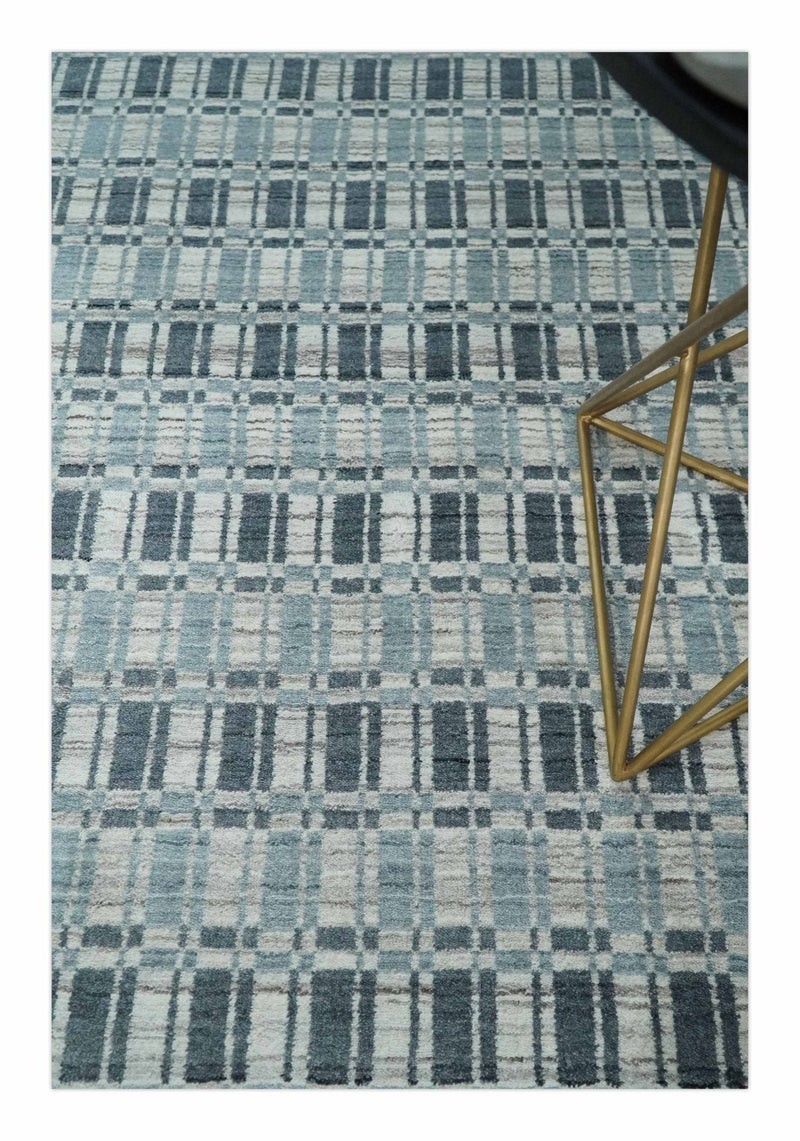 8x10 Hand Made Checkered Beige, Blue and Charcoal Scandinavian Blended Wool Flatwoven Area Rug | KE30