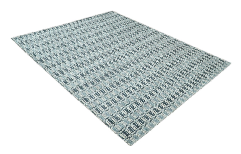 8x10 Hand Made Checkered Beige, Blue and Charcoal Scandinavian Blended Wool Flatwoven Area Rug | KE30