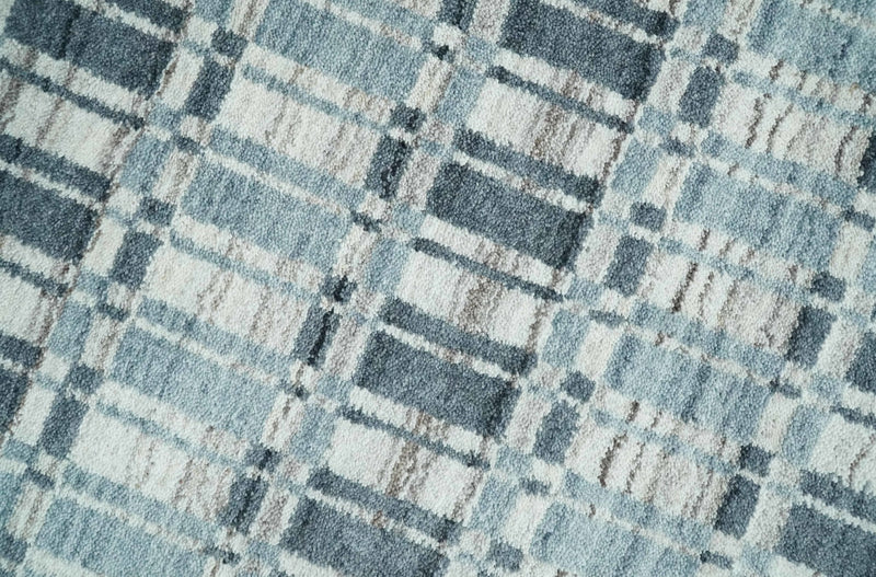 8x10 Hand Made Checkered Beige, Blue and Charcoal Scandinavian Blended Wool Flatwoven Area Rug | KE30