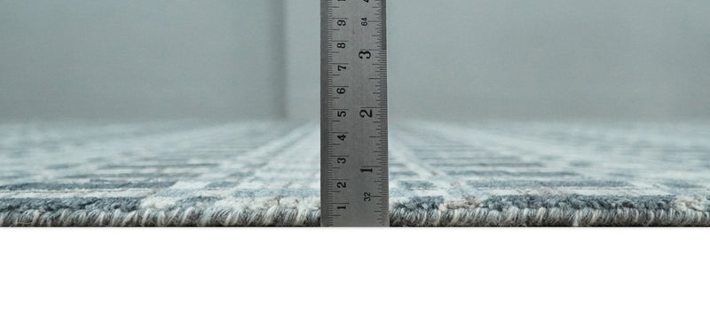 8x10 Hand Made Checkered Beige, Blue and Charcoal Scandinavian Blended Wool Flatwoven Area Rug | KE30