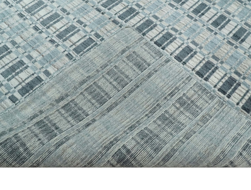 8x10 Hand Made Checkered Beige, Blue and Charcoal Scandinavian Blended Wool Flatwoven Area Rug | KE30