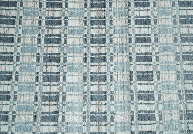 8x10 Hand Made Checkered Beige, Blue and Charcoal Scandinavian Blended Wool Flatwoven Area Rug | KE30