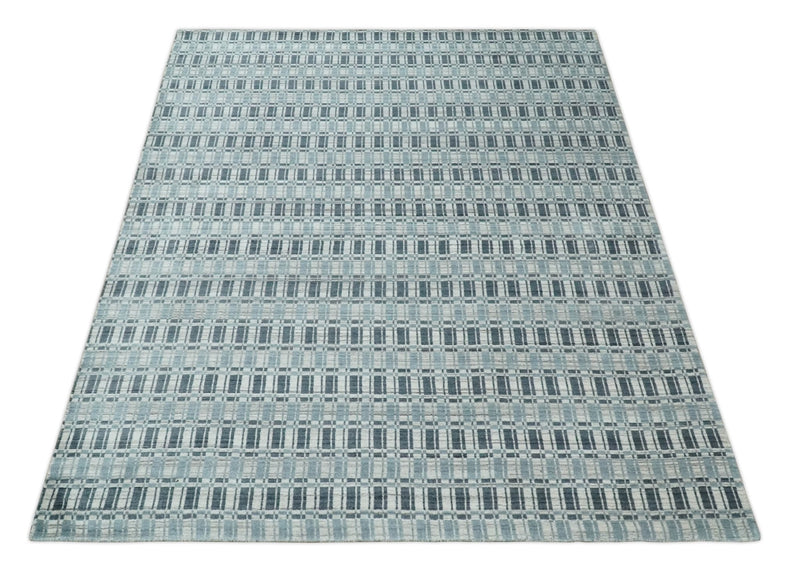 8x10 Hand Made Checkered Beige, Blue and Charcoal Scandinavian Blended Wool Flatwoven Area Rug | KE30