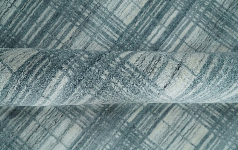 8x10 Hand Made Checkered Ivory and Blue Scandinavian Blended Wool Flatwoven Area Rug | KE21