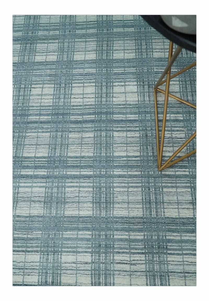 8x10 Hand Made Checkered Ivory and Blue Scandinavian Blended Wool Flatwoven Area Rug | KE21