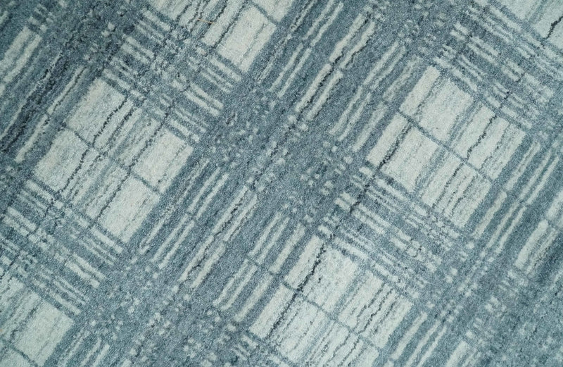 8x10 Hand Made Checkered Ivory and Blue Scandinavian Blended Wool Flatwoven Area Rug | KE21