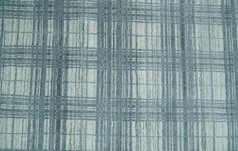 8x10 Hand Made Checkered Ivory and Blue Scandinavian Blended Wool Flatwoven Area Rug | KE21