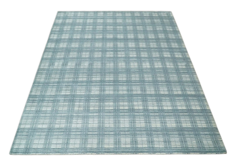 8x10 Hand Made Checkered Ivory and Blue Scandinavian Blended Wool Flatwoven Area Rug | KE21