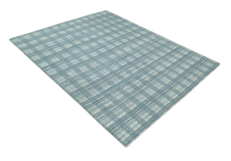 8x10 Hand Made Checkered Ivory and Blue Scandinavian Blended Wool Flatwoven Area Rug | KE21