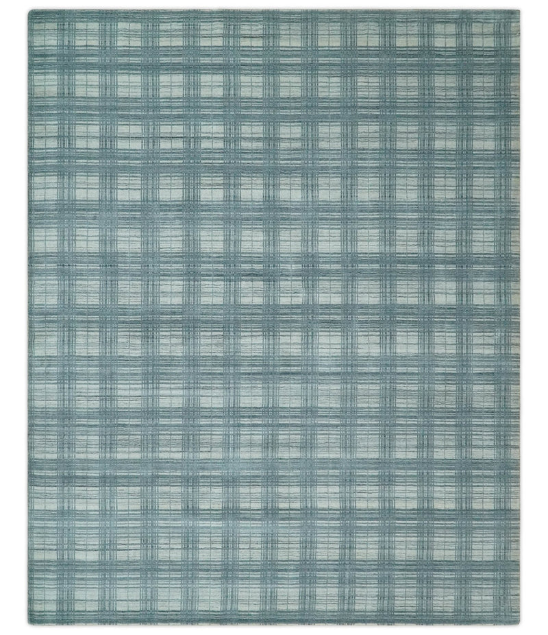 8x10 Hand Made Checkered Ivory and Blue Scandinavian Blended Wool Flatwoven Area Rug | KE21