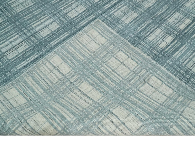 8x10 Hand Made Checkered Ivory and Blue Scandinavian Blended Wool Flatwoven Area Rug | KE21
