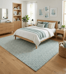 Hand Woven Checkered Wool Blend Area Rug 8x10 Ivory Teal Gray