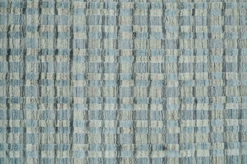 8x10 Hand Made Checkered Blue, Ivory and Brown Scandinavian Blended Wool Flatwoven Area Rug | KE40