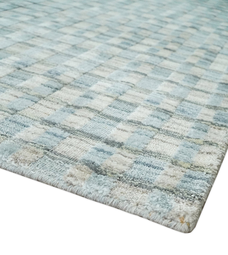 8x10 Hand Made Checkered Blue, Ivory and Brown Scandinavian Blended Wool Flatwoven Area Rug | KE40