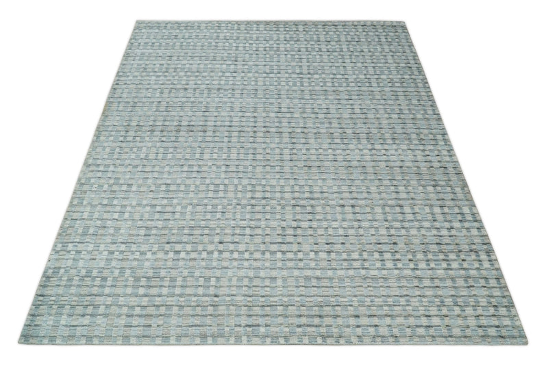 8x10 Hand Made Checkered Blue, Ivory and Brown Scandinavian Blended Wool Flatwoven Area Rug | KE40