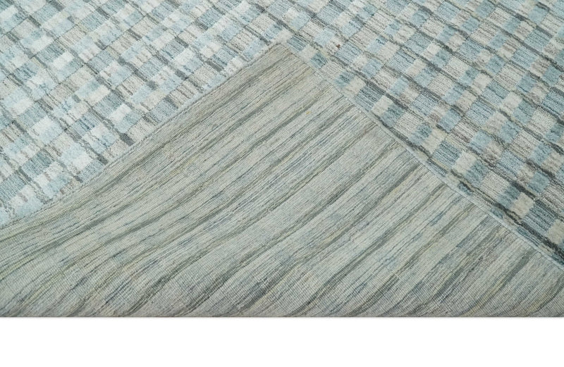 8x10 Hand Made Checkered Blue, Ivory and Brown Scandinavian Blended Wool Flatwoven Area Rug | KE40