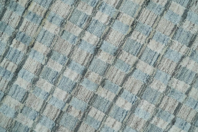 8x10 Hand Made Checkered Blue, Ivory and Brown Scandinavian Blended Wool Flatwoven Area Rug | KE40