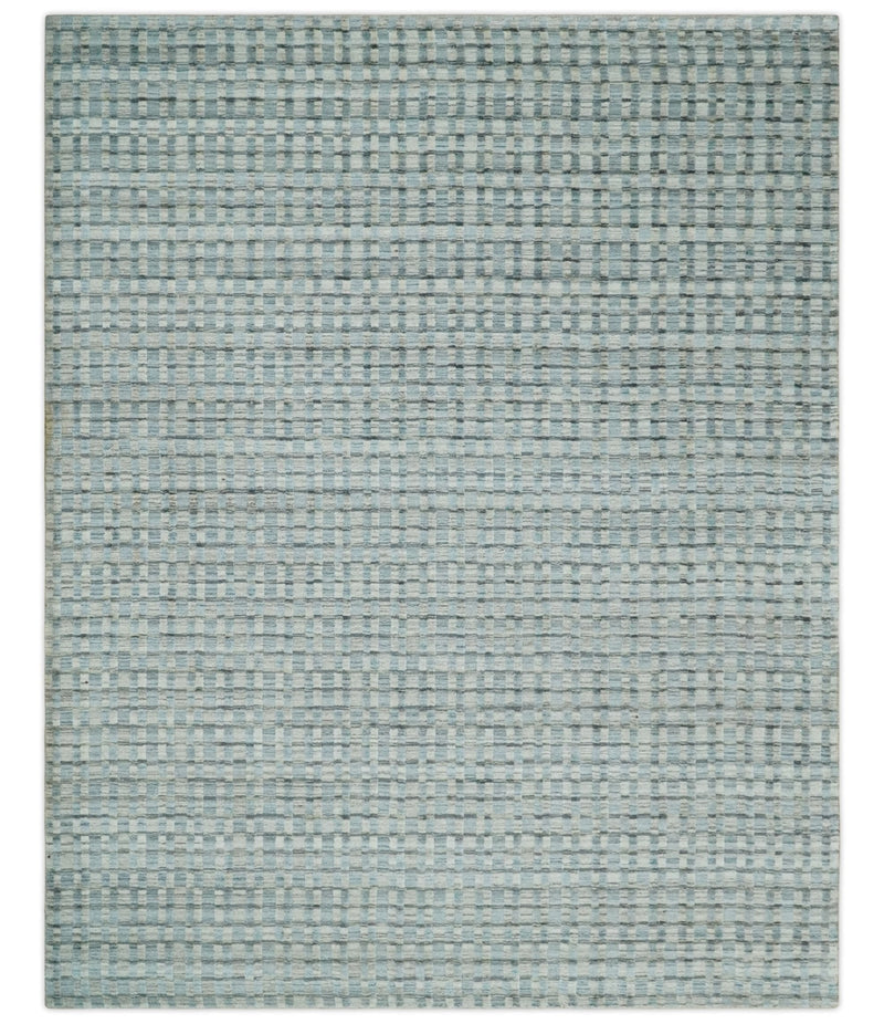 8x10 Hand Made Checkered Blue, Ivory and Brown Scandinavian Blended Wool Flatwoven Area Rug | KE40