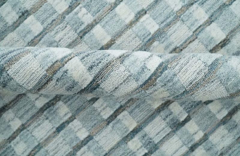 8x10 Hand Made Checkered Ivory, Teal and Gray Scandinavian Blended Wool Flatwoven Area Rug | KE18