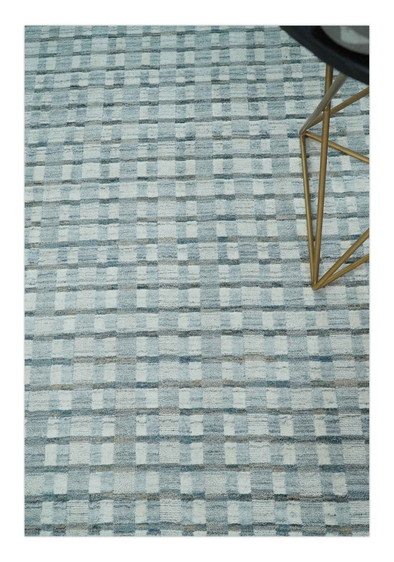 8x10 Hand Made Checkered Ivory, Teal and Gray Scandinavian Blended Wool Flatwoven Area Rug | KE18