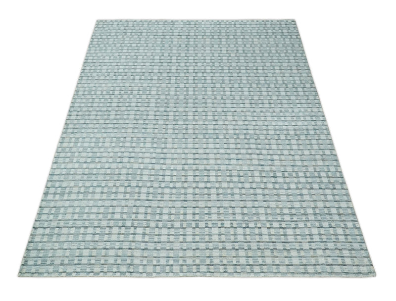 8x10 Hand Made Checkered Ivory, Teal and Gray Scandinavian Blended Wool Flatwoven Area Rug | KE18