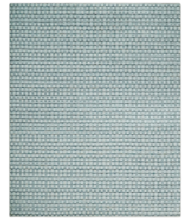 8x10 Hand Made Checkered Ivory, Teal and Gray Scandinavian Blended Wool Flatwoven Area Rug | KE18