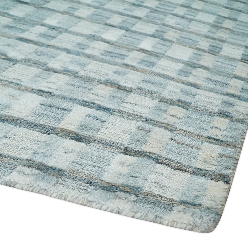 8x10 Hand Made Checkered Ivory, Teal and Gray Scandinavian Blended Wool Flatwoven Area Rug | KE18