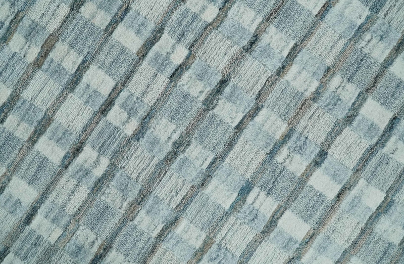 8x10 Hand Made Checkered Ivory, Teal and Gray Scandinavian Blended Wool Flatwoven Area Rug | KE18