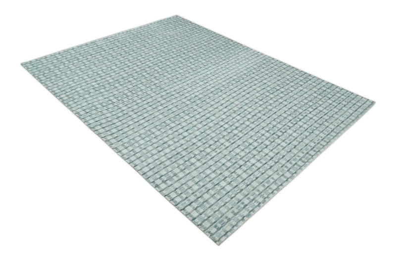 8x10 Hand Made Checkered Ivory, Teal and Gray Scandinavian Blended Wool Flatwoven Area Rug | KE18