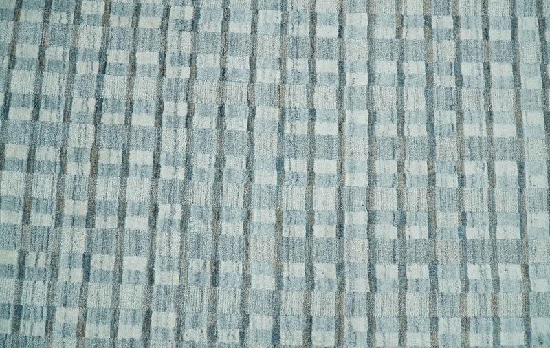 8x10 Hand Made Checkered Ivory, Teal and Gray Scandinavian Blended Wool Flatwoven Area Rug | KE18