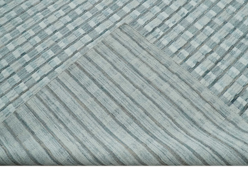 8x10 Hand Made Checkered Ivory, Teal and Gray Scandinavian Blended Wool Flatwoven Area Rug | KE18