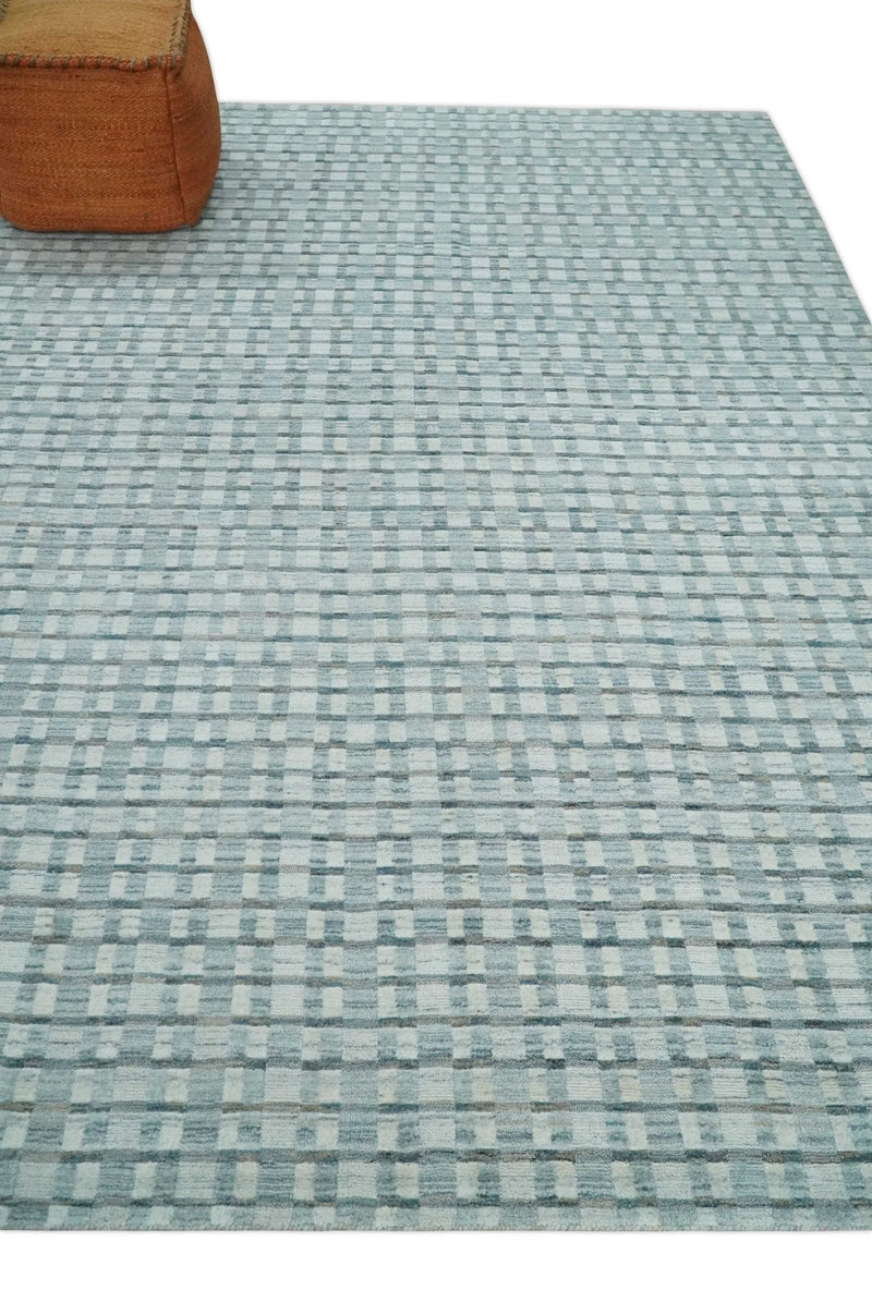 8x10 Hand Made Checkered Ivory, Teal and Gray Scandinavian Blended Wool Flatwoven Area Rug | KE18