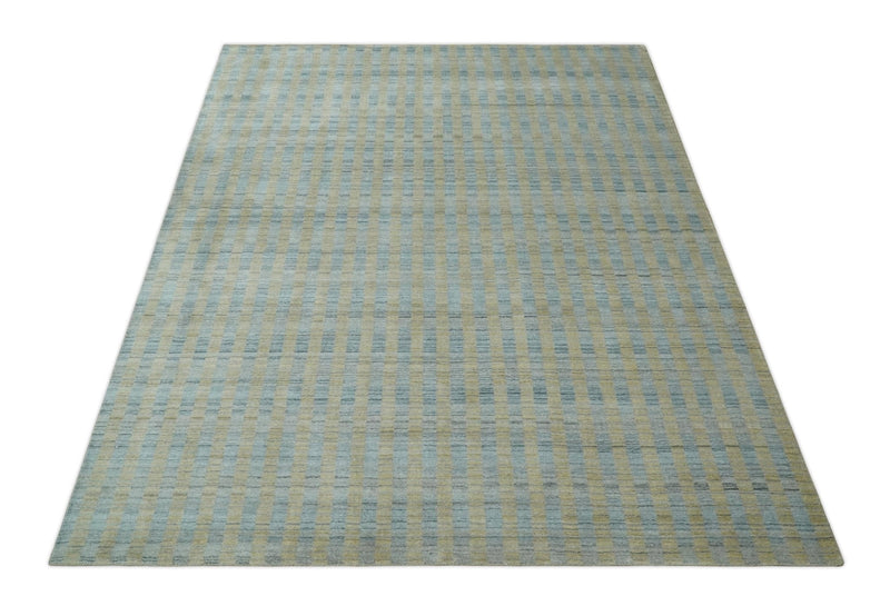 8x10 Hand Made Modern Stripes Camel and Silver Scandinavian Blended Wool Flatwoven Area Rug | KE20