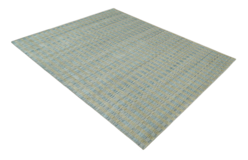 8x10 Hand Made Modern Stripes Camel and Silver Scandinavian Blended Wool Flatwoven Area Rug | KE20