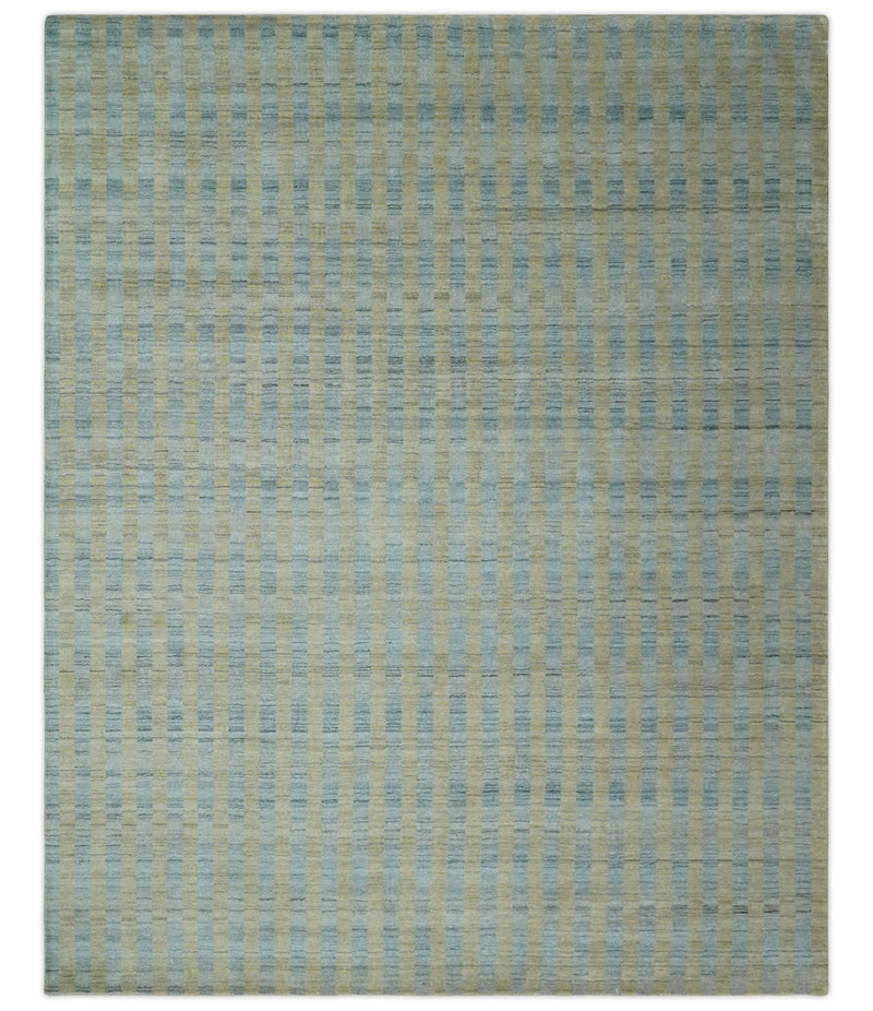8x10 Hand Made Modern Stripes Camel and Silver Scandinavian Blended Wool Flatwoven Area Rug | KE20