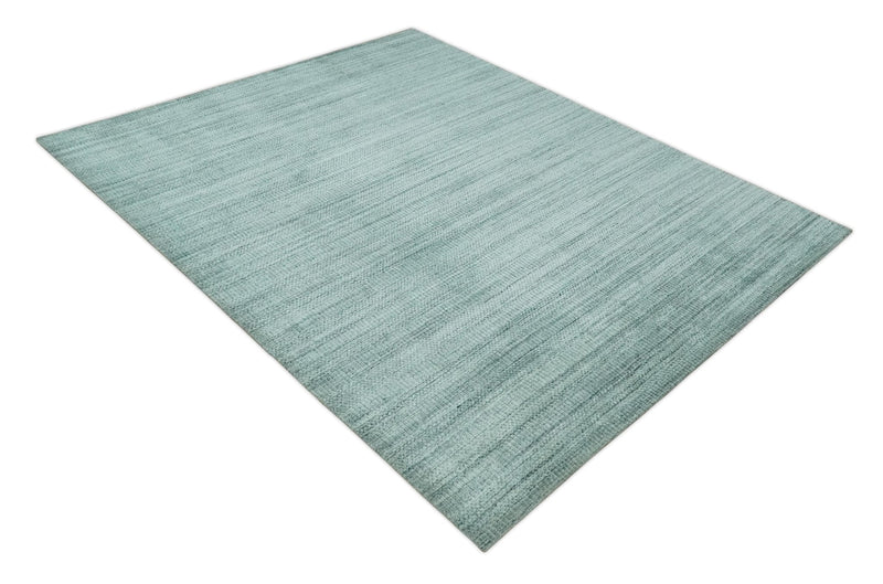 8x10 Hand Made Silver and Teal Solid Scandinavian Blended Wool Flatwoven Area Rug | KE27