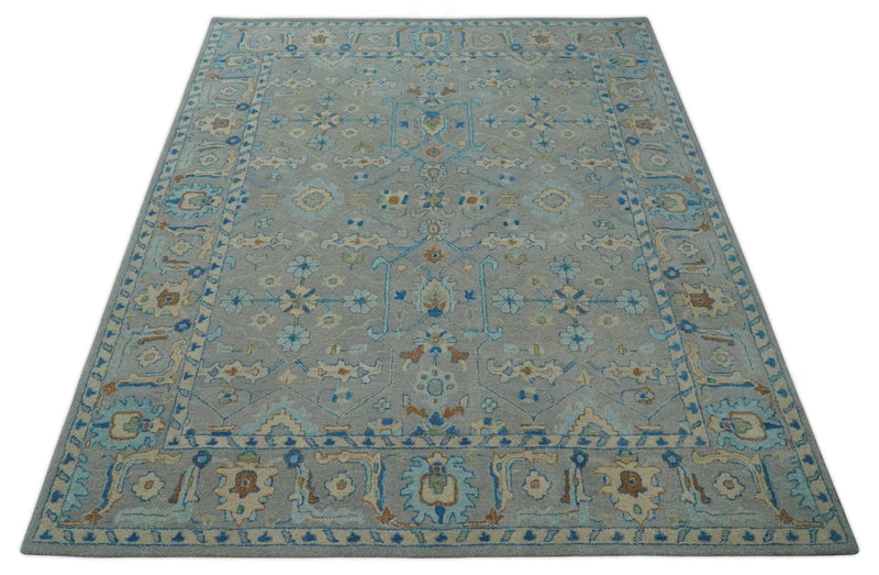 8x10 Hand Tufted Gray, Beige and Accent Blue Traditional Herati Design Wool Rug
