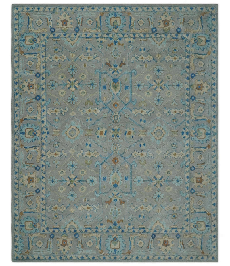 8x10 Hand Tufted Gray, Beige and Accent Blue Traditional Herati Design Wool Rug