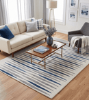 Wool Hand Tufted Area Rug 8x10 White Blue Camel Stripe Modern Scandinavian Style