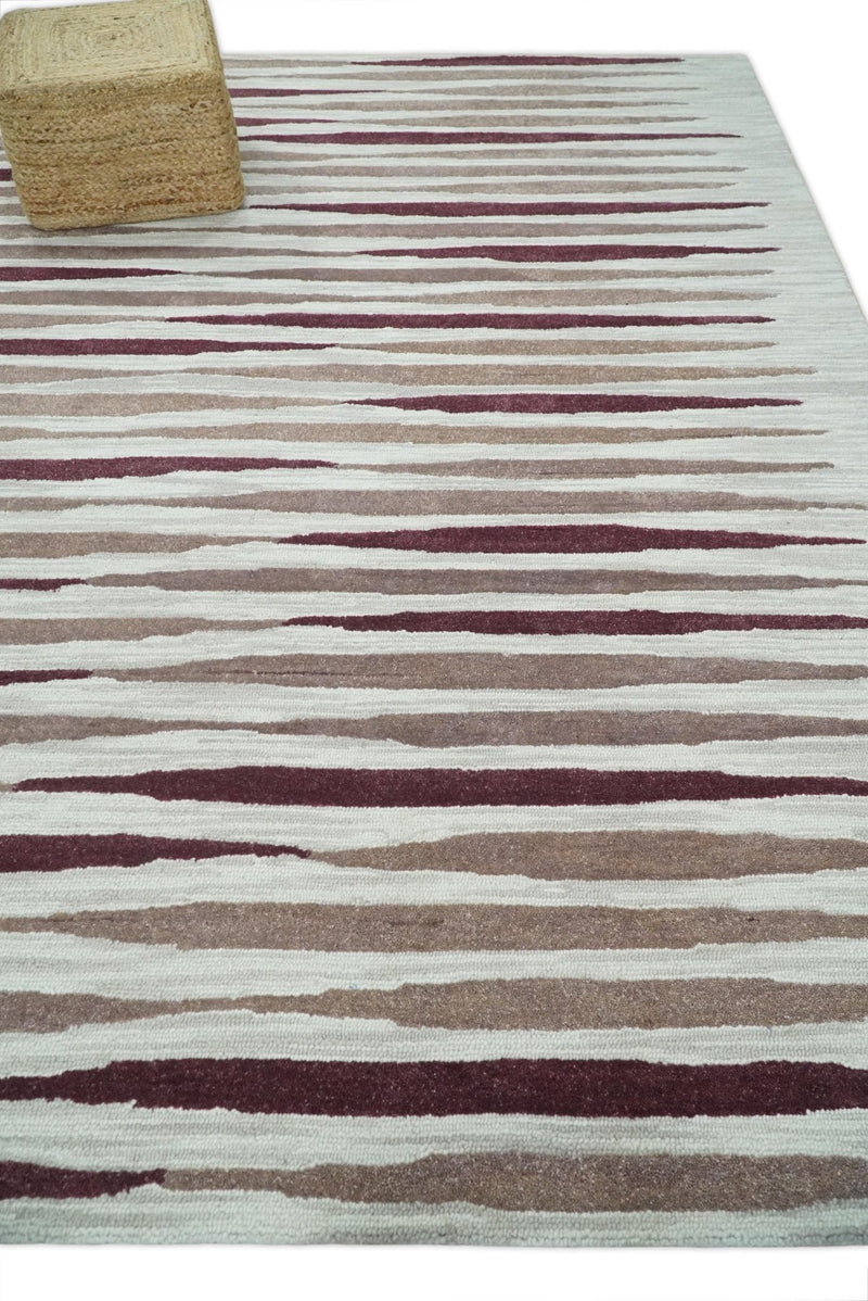 8x10 Ivory and Pink Hand Tufted Modern Scandinavian Stripe Wool Area Rug | YUK2