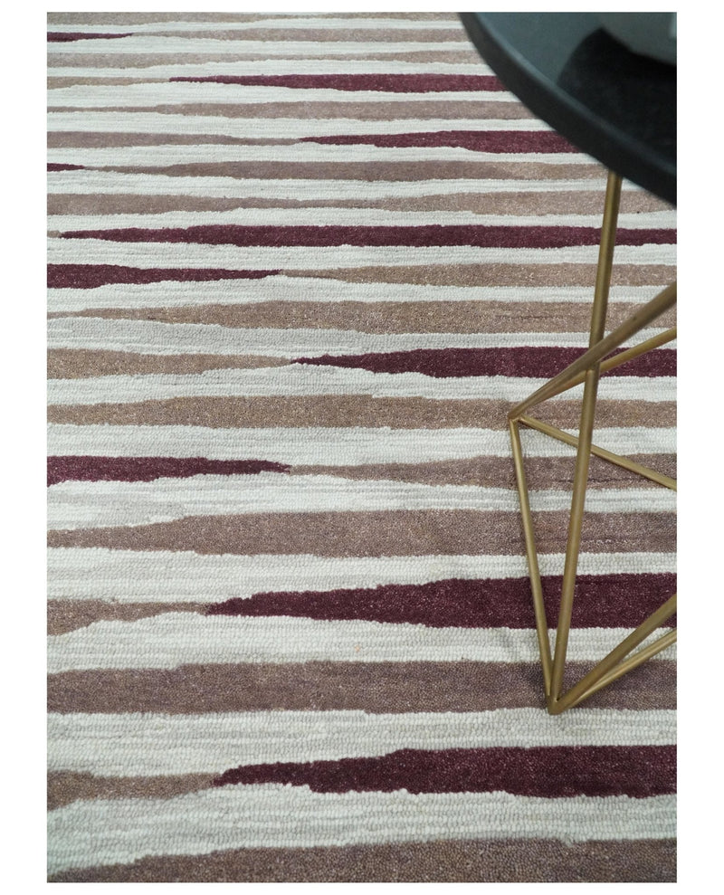 8x10 Ivory and Pink Hand Tufted Modern Scandinavian Stripe Wool Area Rug | YUK2