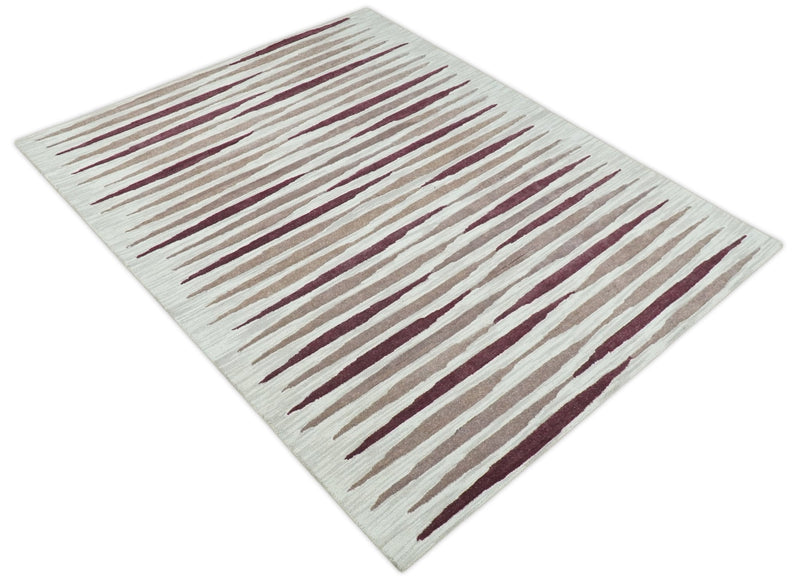 8x10 Ivory and Pink Hand Tufted Modern Scandinavian Stripe Wool Area Rug | YUK2