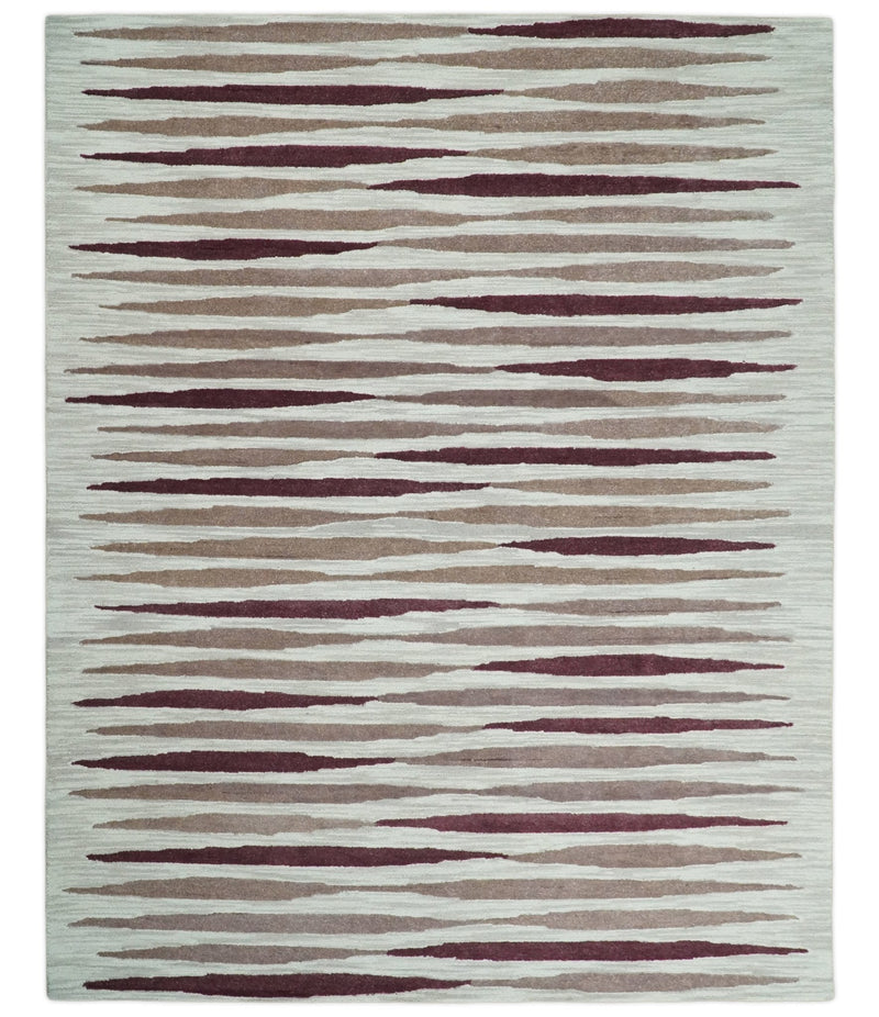 8x10 Ivory and Pink Hand Tufted Modern Scandinavian Stripe Wool Area Rug | YUK2